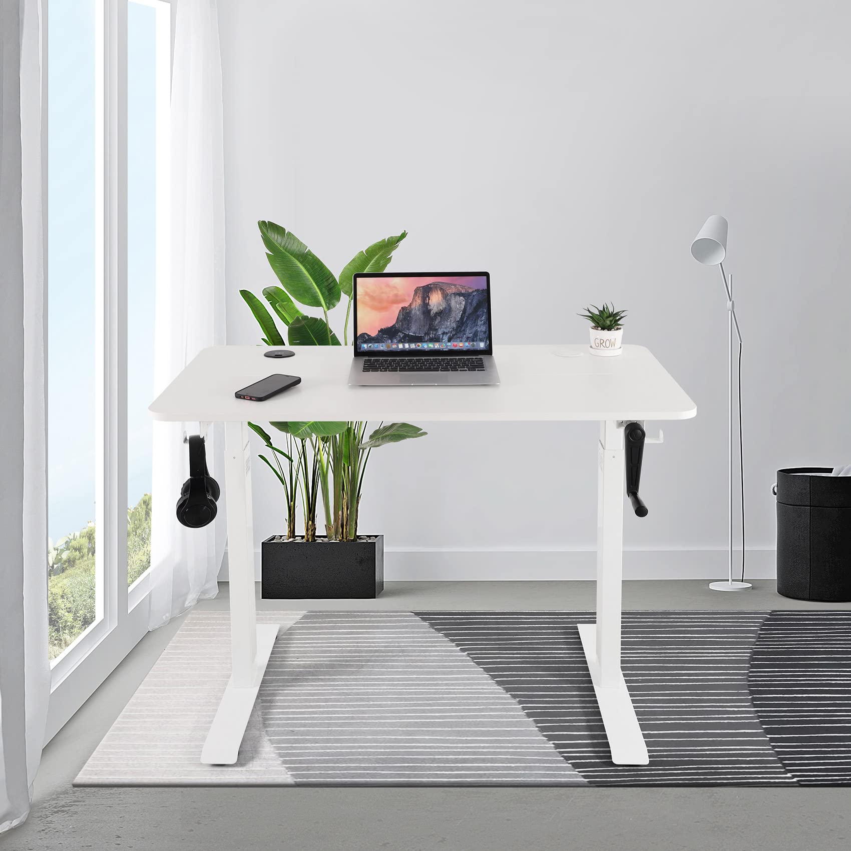 UNICOO Adjustable Height Standing Desk with USB & Wireless Charger - Electric Crank Game & Computer Table for Home Office (White, M2) - Perfect for Gaming, Work & Study