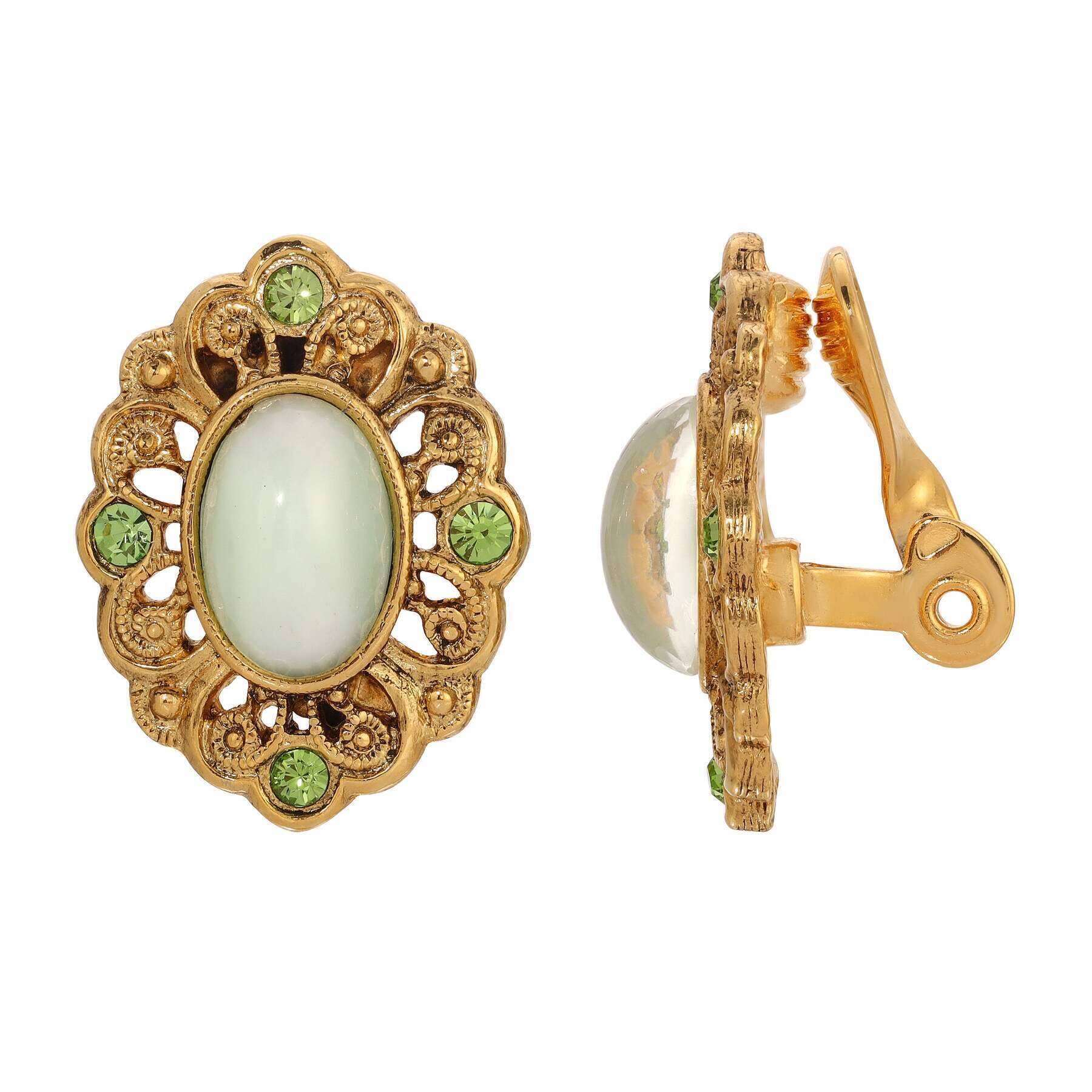 Vintage 1928 Light Green Cat's Eye & Peridot Crystal Filigree Clip-On Earrings - Elegant Costume Jewelry for Women, Perfect for Parties, Weddings & Special Occasions