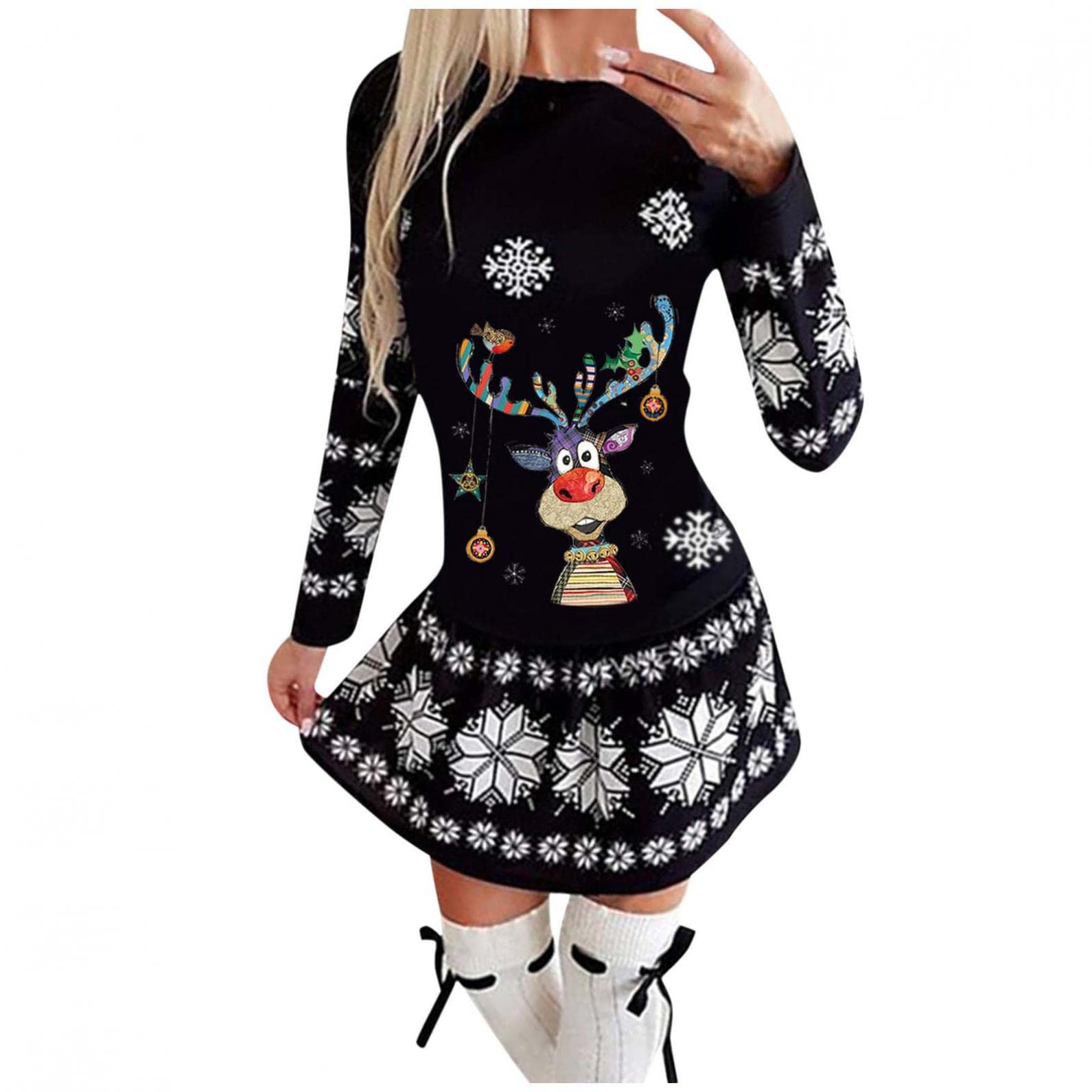 Women's Christmas Dresses - Long Sleeve Holiday Party Dress with Cute Elk Graphic Print for Homecoming & Festive Gatherings | Perfect for Teens, Christmas Parties & Family Celebrations