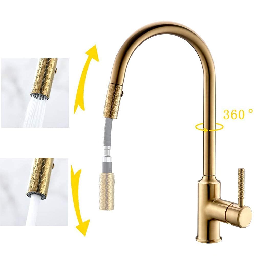 360° Swivel Pull-Out Kitchen Faucet with Dual Spray Modes - Modern Single Lever Monobloc Sink Mixer Tap in Gold Finish - Perfect for Washing Dishes, Filling Pots & Cleaning Vegetables