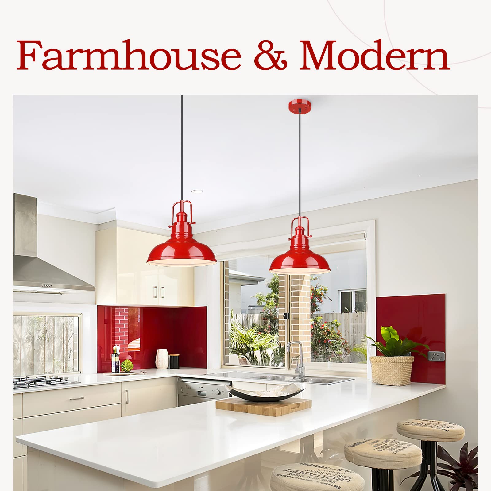 Modern Dome Pendant Light Fixture - 1-Light Kitchen Island Ceiling Lighting with Red Finish (016-1 RED) - Perfect for Dining Rooms, Breakfast Nooks & Farmhouse Decor
