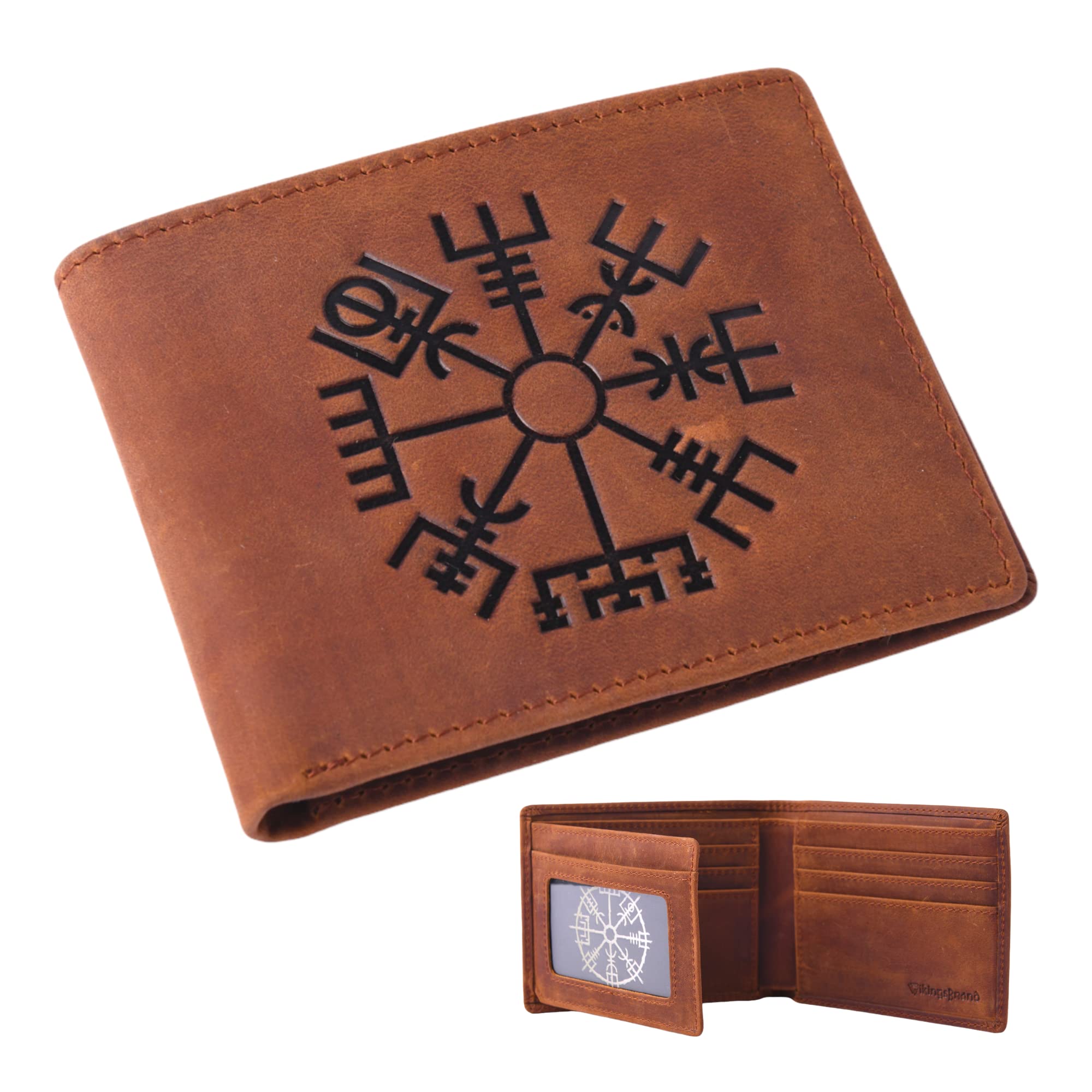 Viking Vegvisir Engraved RFID Blocking Leather Wallet - Genuine Crazy Horse Leather Bifold Wallet with Runic Compass Design for Men, Holds 10 Cards (Brown) - Perfect for Travel, Daily Use & Gift Giving