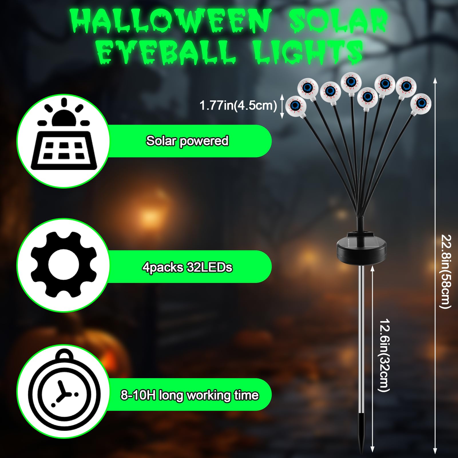 4 Pack 32 LED Solar Halloween Eyeball Lights - Waterproof Outdoor Scary Eyes Decor for Garden, Patio, Fence & Yard - Spooky Party Decoration Supplies for Halloween Night & Haunted House Themes
