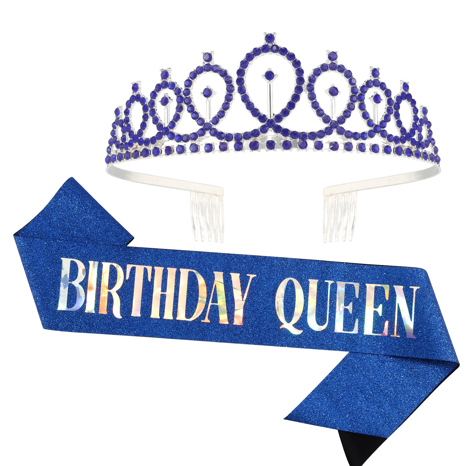 Sparkling Sapphire Birthday Crown & Sash Set for Women - Rhinestone Tiara & Queen Sash Birthday Party Accessories - Perfect for Birthday Celebrations, Bachelorette Parties, and Special Occasions
