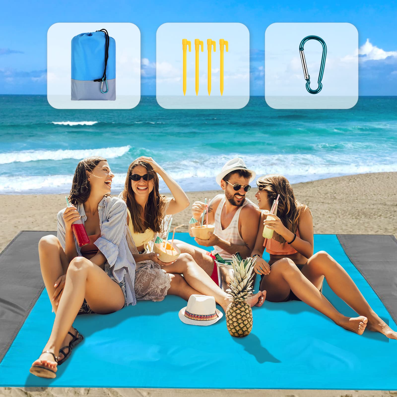 **MUEUSS Sandproof Beach Blanket - Waterproof Picnic Mat for 4-8 Adults with 4 Stakes - Large Outdoor Blanket for Beach, Camping, Hiking & Travel - Perfect for Picnics, Parks & Family Outings (Blue)**