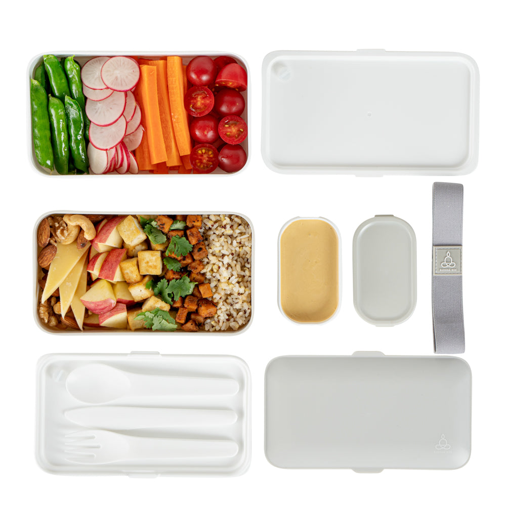 Bento Tek 41 oz Gray & White Buddha Box - All-in-One Lunch Container with Utensils & Sauce Cup (7.25