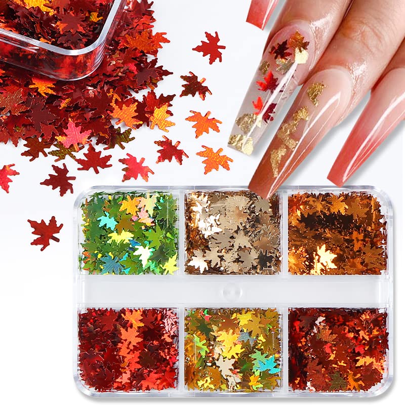 6 Grids 3D Fall Nail Art Stickers - Autumn Maple Leaf Glitter Nail Decals with Holographic Laser Sequins for Thanksgiving & Halloween Nail Designs - Perfect for Seasonal Manicures, Parties and Special Occasions
