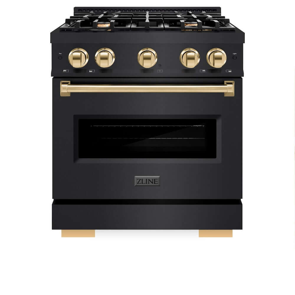ZLINE Autograph Edition 30 Inch 4.2 Cu Ft Classic Gas Range with 4 Burner Cooktop & Convection Gas Oven - Black Stainless Steel with Polished Gold Accents (CGRBZ 30 G) | Perfect for Modern Kitchens, Home Chefs & Gourmet Cooking