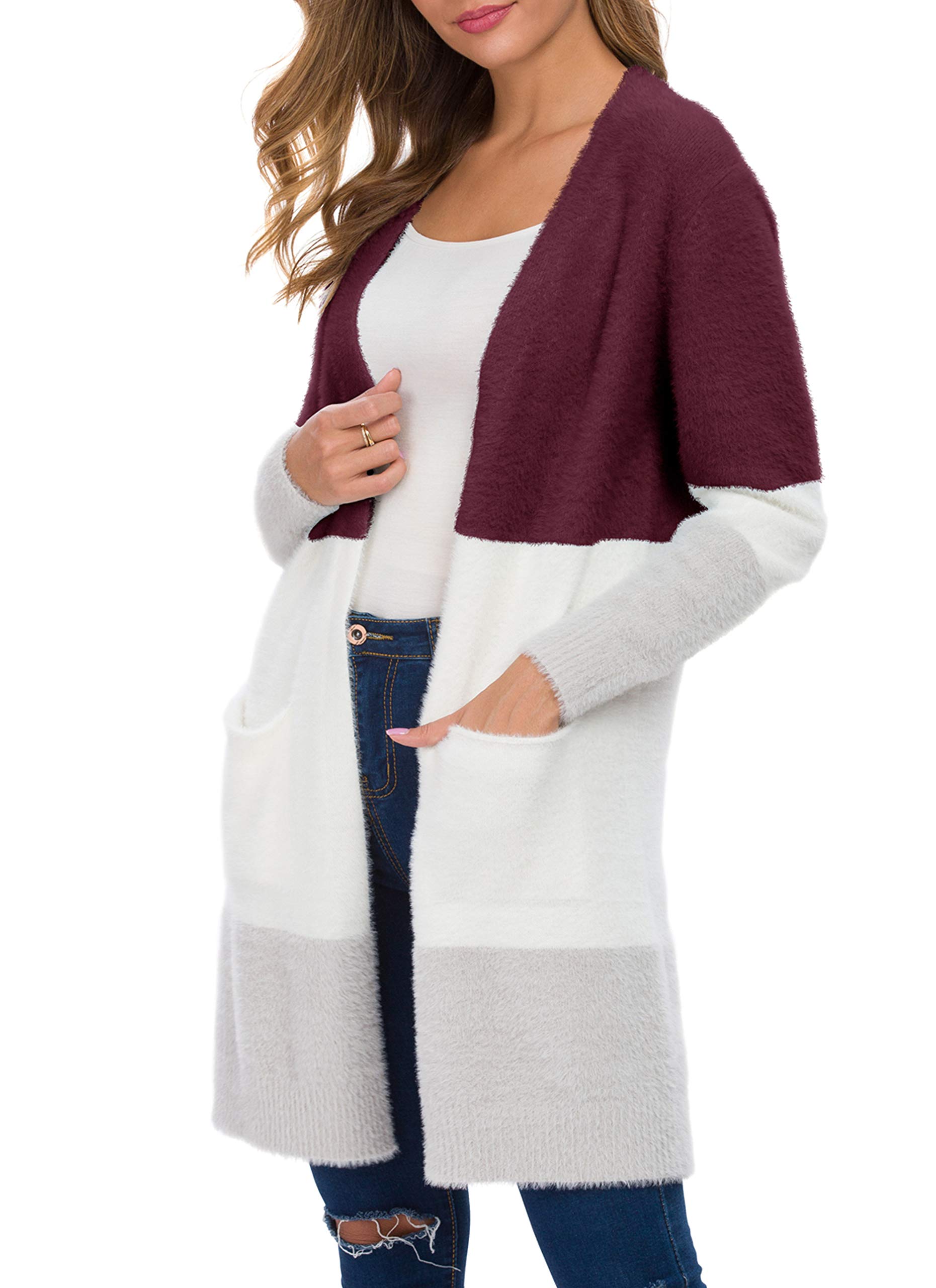 QIXING Women's 2022 Casual Open Front Knit Cardigan - Long Sleeve Plush Sweater Coat with Pockets | Perfect for Fall & Winter Layering, Office Wear & Cozy Home Outfits