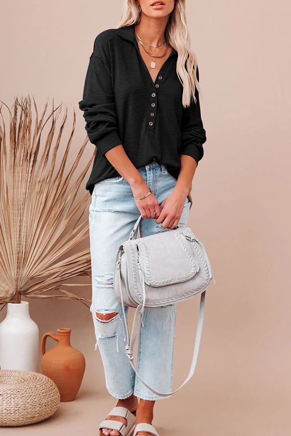 Cute Twist Front Tops for Women - Long Sleeve Waffle Knit Shirts, Casual Blouses & Pullovers | Perfect for Fall Layering, Office Wear & Weekend Outfits