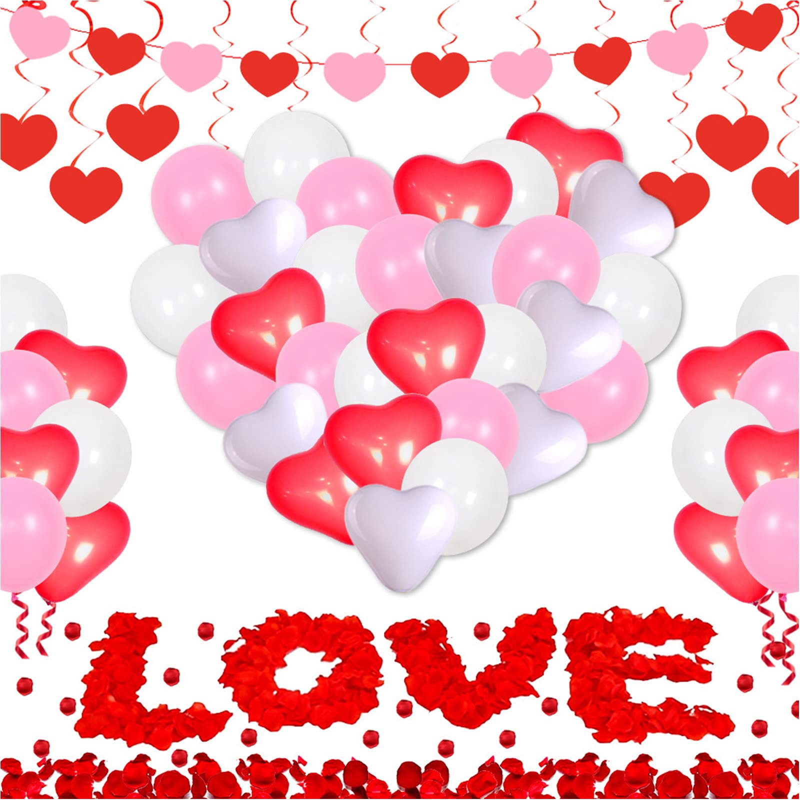 62-Piece I Love You Heart Balloons Set with 1000 Red Rose Petals - Valentine's Day Romantic Decorations for Weddings, Anniversaries & Special Date Nights (Type 1)