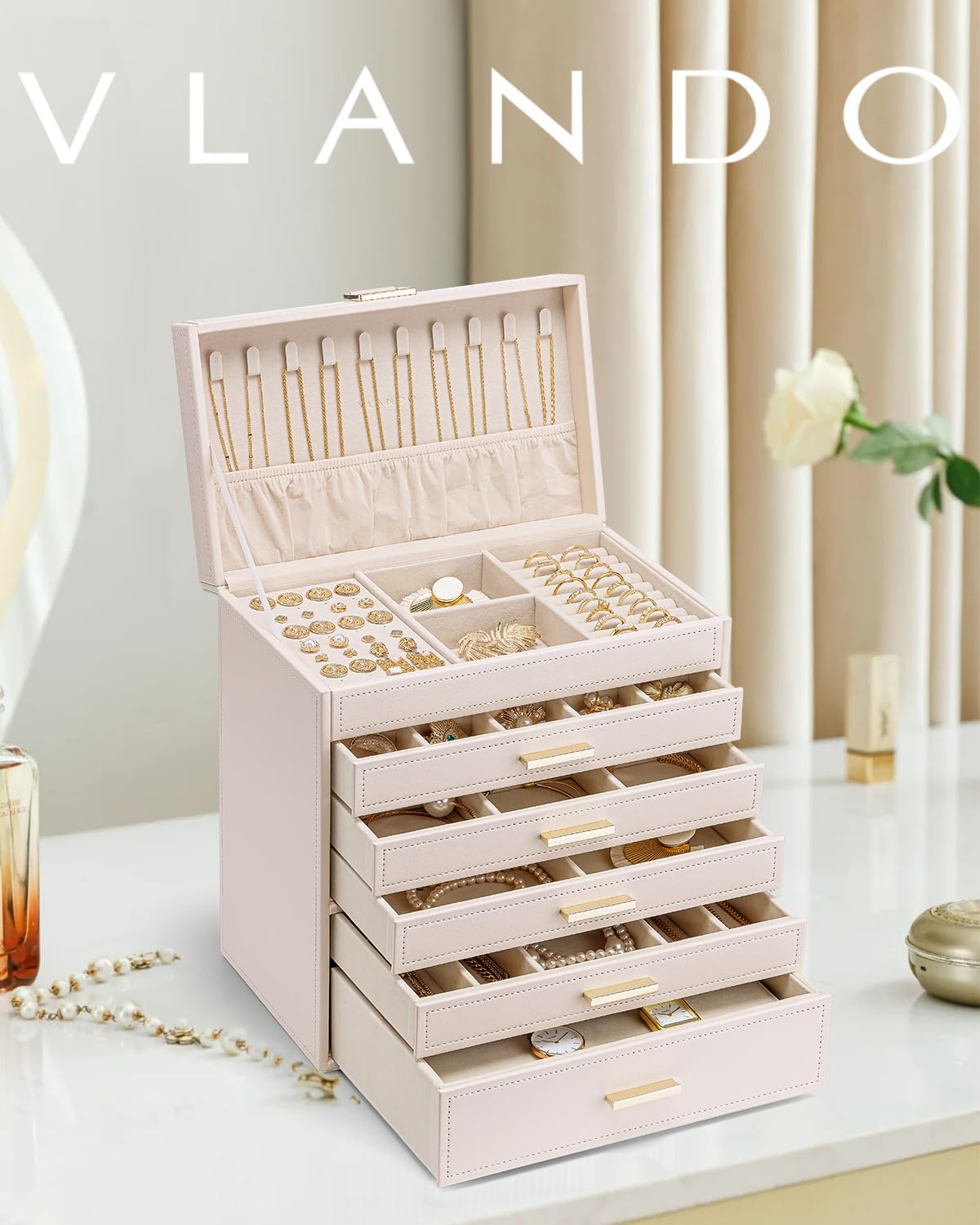 Vlando 6-Layer Large Jewelry Organizer Box - Premium Jewelry Storage Case for Necklaces, Rings, Bracelets & Watches - Perfect Drawer Organizer & Birthday Gift for Women, Mom, Girlfriend - Elegant Pink - Ideal for Bedroom Vanity, Travel & Gift Giving