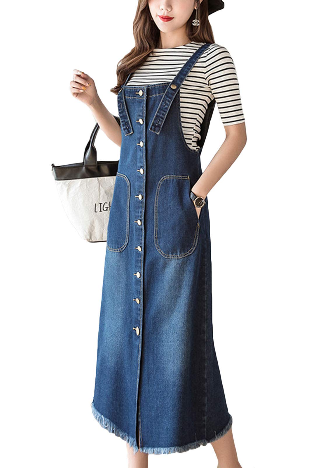 Flygo Women's Denim Button Front Midi Pinafore Dress - Stylish Long Jean Jumper Skirt for Casual Outings, Brunch & Date Nights