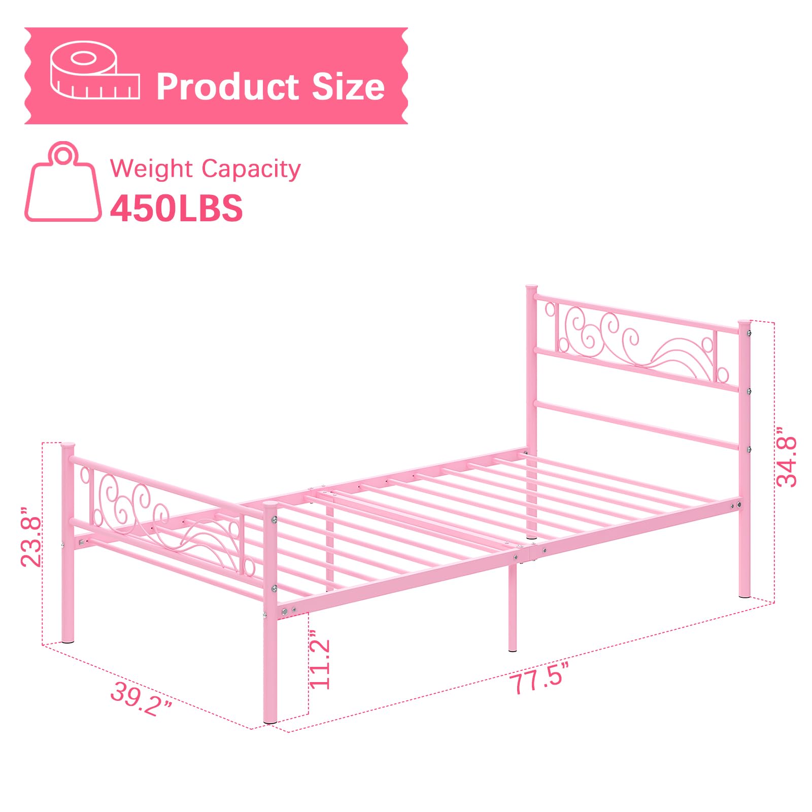 Weehom Twin Bed Frame with Metal Platform & Heavy Duty Steel Slats - Under Bed Storage Solution for Kids Room (Pink) | Space-Saving Bedroom Furniture for Small Spaces & Dorm Rooms