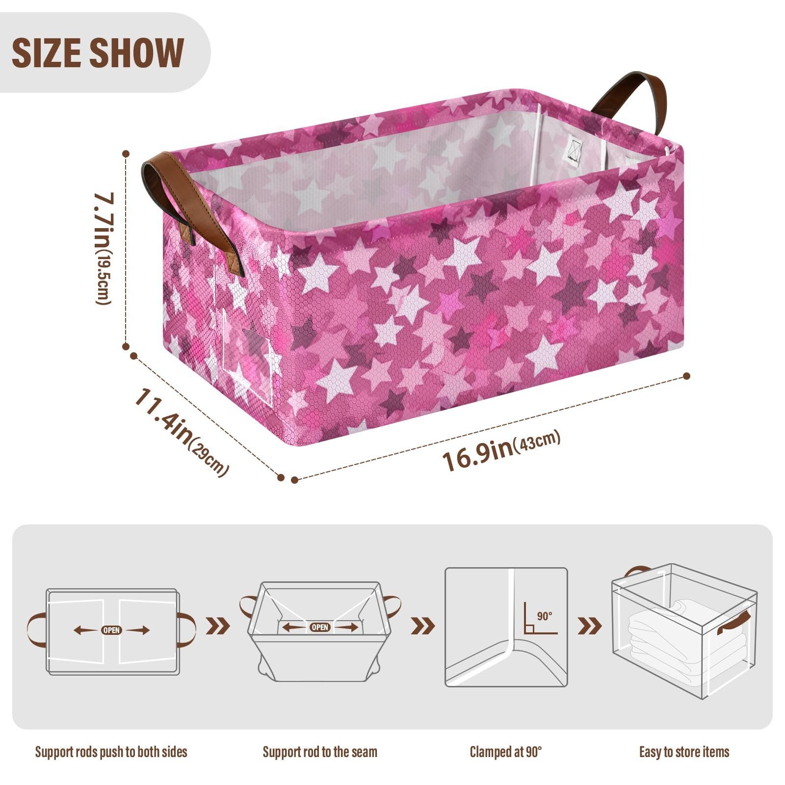 Pink Stars Large Fabric Storage Baskets with Handles - 2 Pack Closet Organizer Bins for Shelves, Home & Office Organization | Perfect for Bedroom, Bathroom & Kids Room Storage