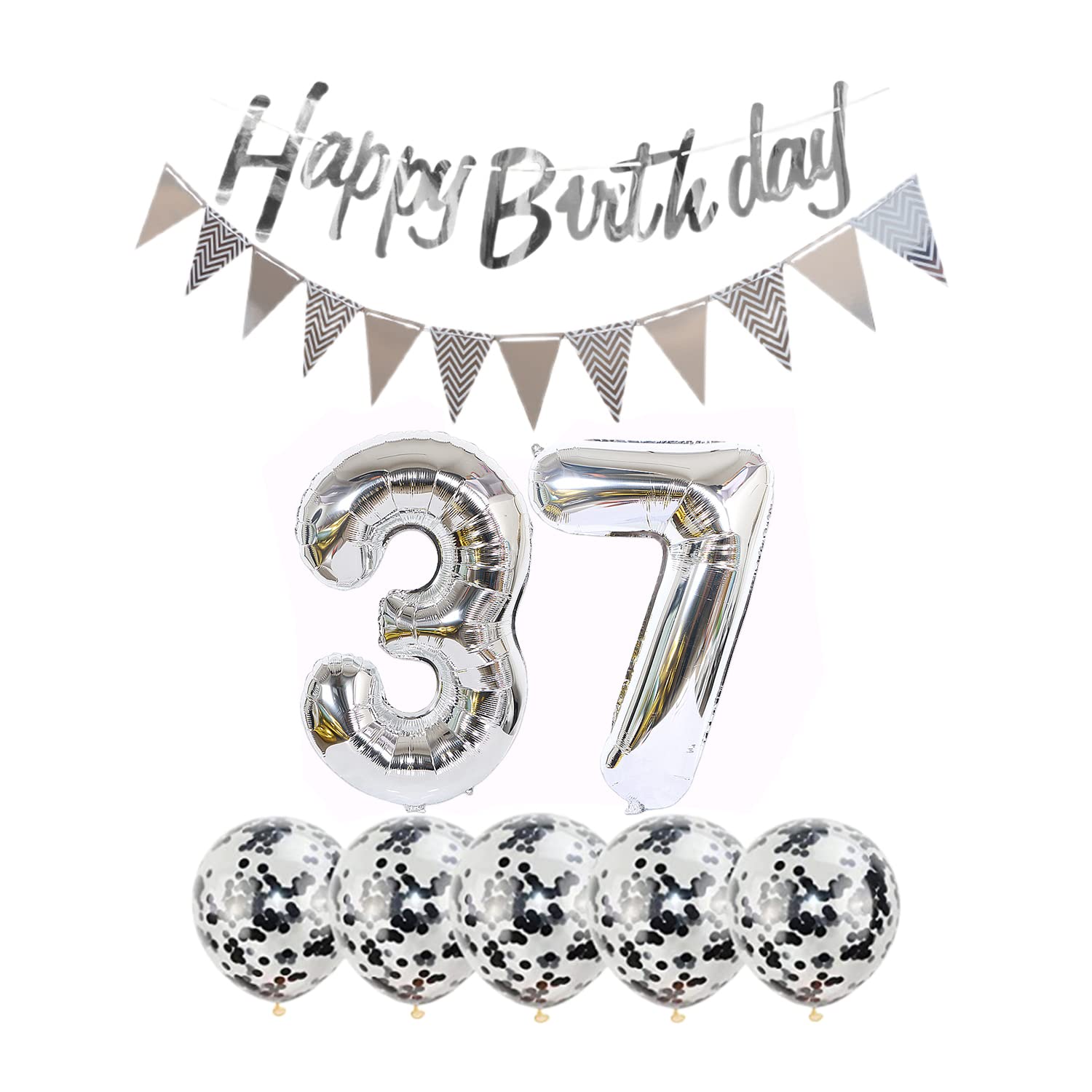 37th Birthday Decorations Set - 2 Number 37 Balloons, Happy Birthday Garland, Silver Foil Banner & 5 Confetti Balloons for Boy/Girl - Perfect for 37 Year Old Birthday Party Decor, Anniversary Celebration & Milestone Events