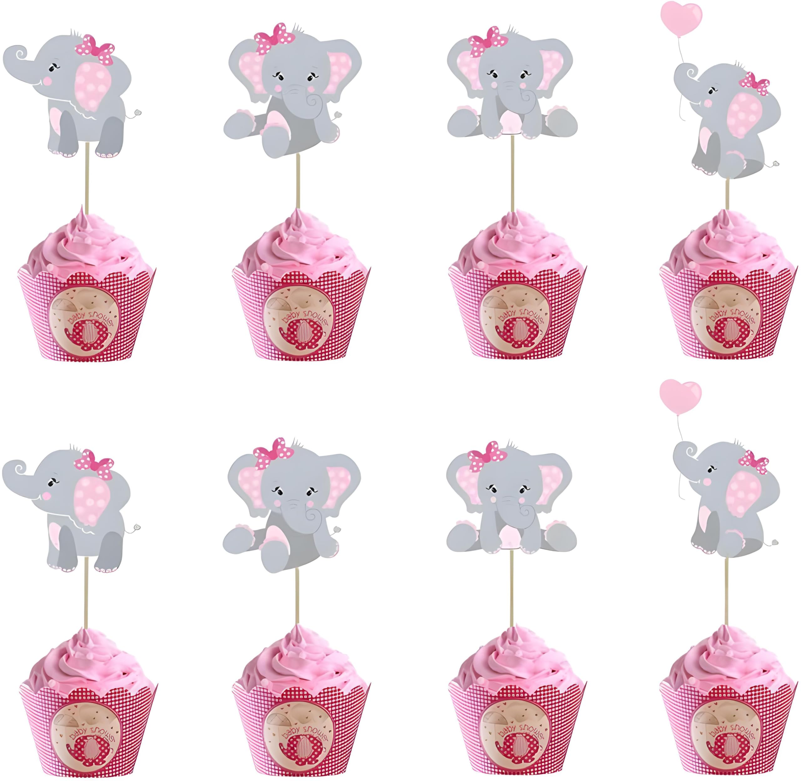 48Pcs Pink Elephant Cupcake Toppers for Baby Shower & Birthday Party Decorations - Double Sided Adorable Baby Girl Party Supplies - Perfect for Baby Showers, 1st Birthdays & Gender Reveal Parties
