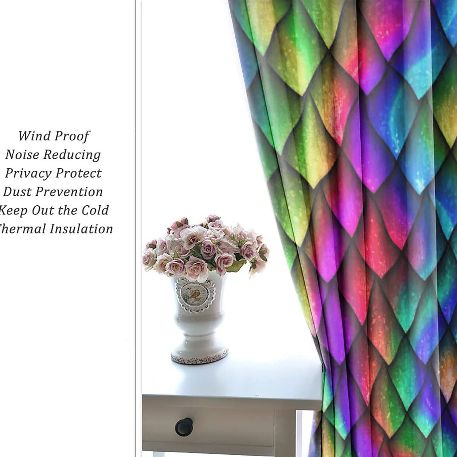 Fantasy Rainbow Metal Dragon Scale Blackout Curtains - Thermal Insulated Room Darkening Drapes for Bedroom & Living Room (84