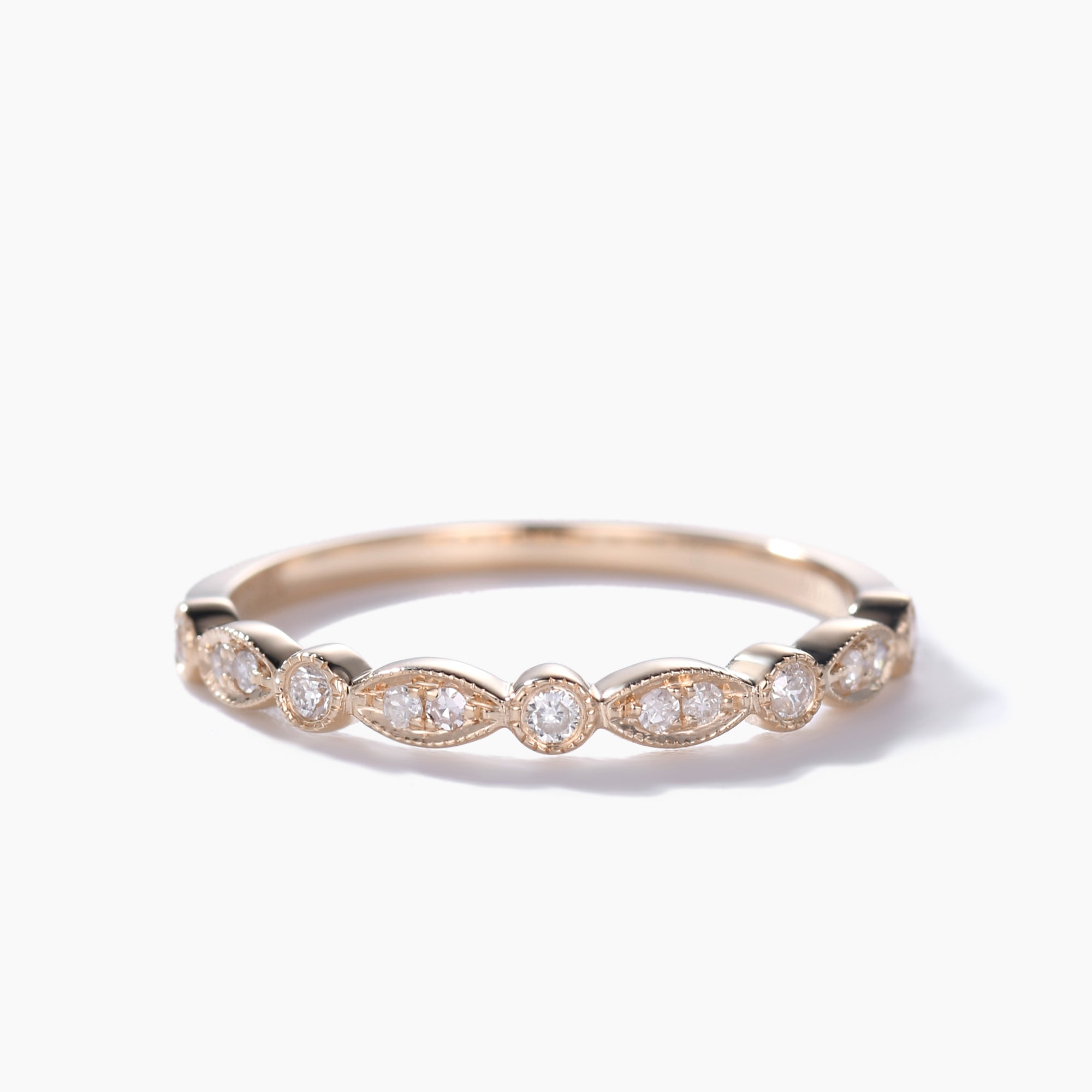 14k Rose Gold Antique Art Deco Diamond Wedding Ring for Women - Half Eternity Band with Milgrain Detailing - Perfect for Anniversaries, Engagements & Special Occasions