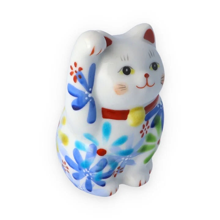 Authentic Kutani Yaki Japanese Maneki Neko Lucky Cat Figurine - Blue Floral Design | Handcrafted Ceramic Beckoning Cat for Home Decor, Office Feng Shui & Japanese Culture Enthusiasts