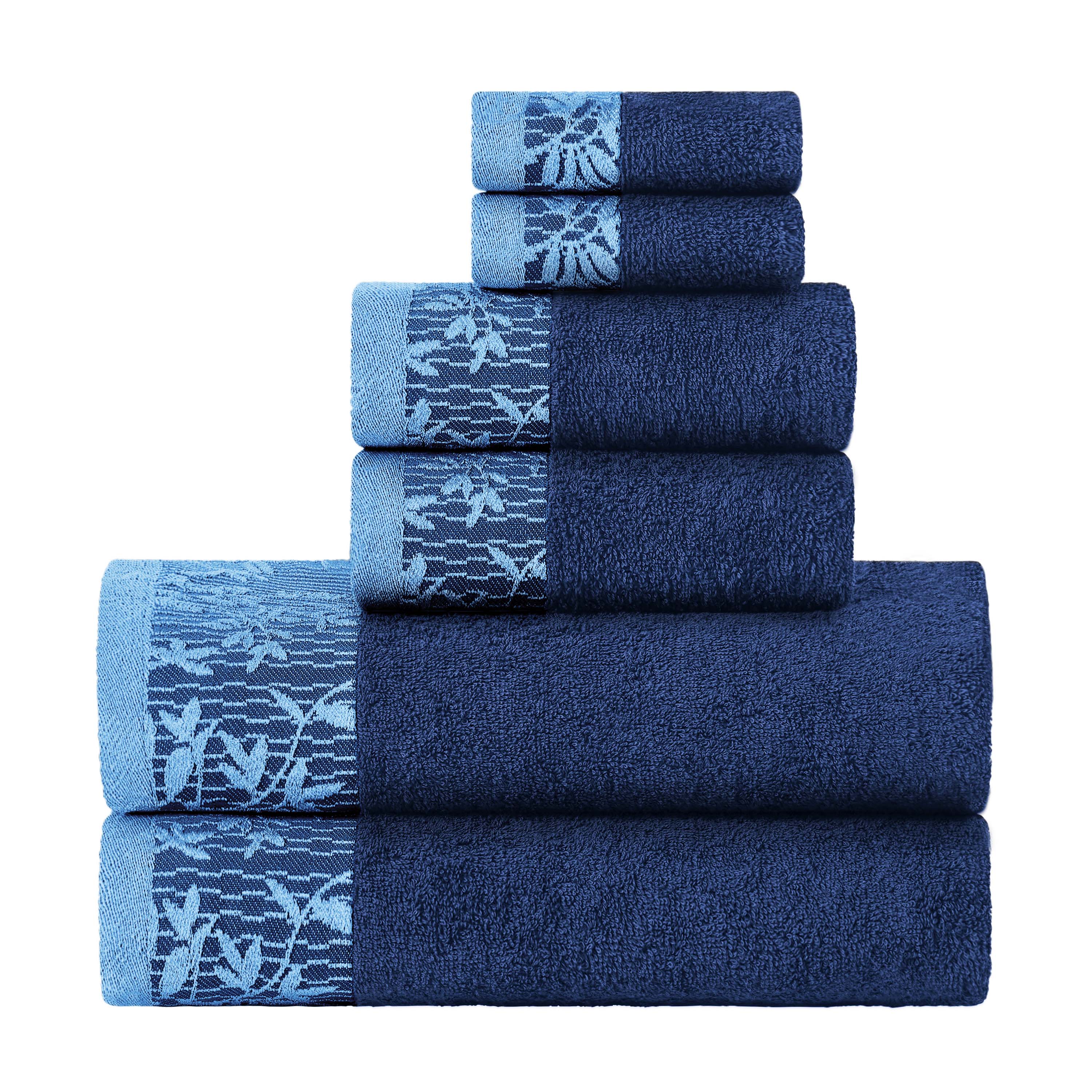 Wisteria Cotton Floral Embroidered Jacquard Border 6-Piece Bath Towel Set - Soft & Absorbent for Spa, Bathroom & Guest Use