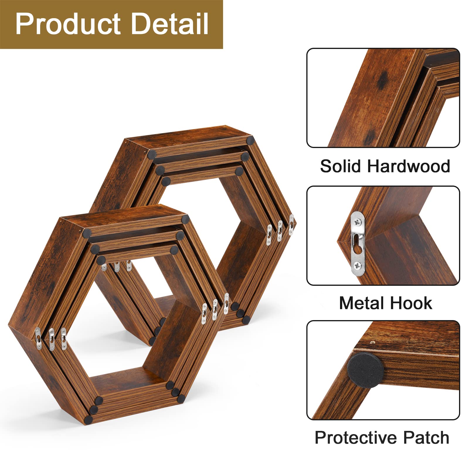 Hexagon Floating Shelves Set of 6 - Rustic Honeycomb Wall Shelves for Farmhouse Decor | Wooden Wall Mounted Storage for Bathroom, Living Room, Bedroom & Office | Perfect for Organizing Books, Plants & Home Decor