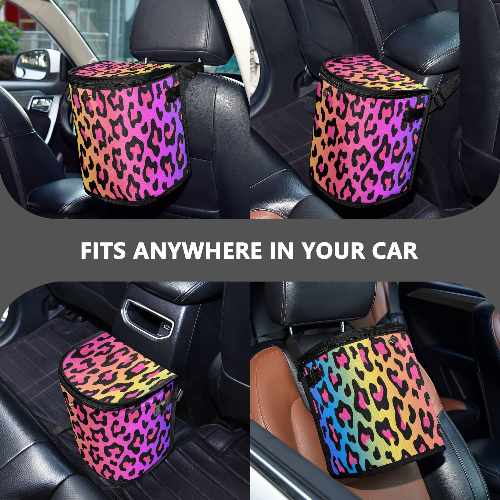 Leak Proof Car Trash Can with Aluminum Liner - Waterproof Hanging Car Garbage Bin, Multi-Purpose Vehicle Organizer Storage Bag for Waste Disposal - Perfect for Road Trips, Commuting & Family Travel (Rainbow Leopard Pattern)