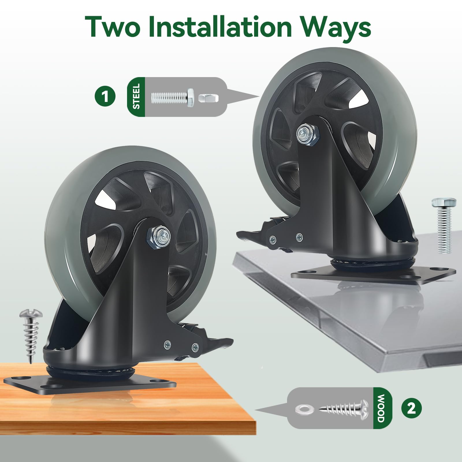 5 Inch Heavy Duty Caster Wheels Set of 4 - BZOLIHEU Locking Swivel Casters with Brake, Grey Polyurethane Wheels for Furniture, Workbench Cart & Industrial Equipment | Quiet Rolling, Durable Workspace & Garage Use