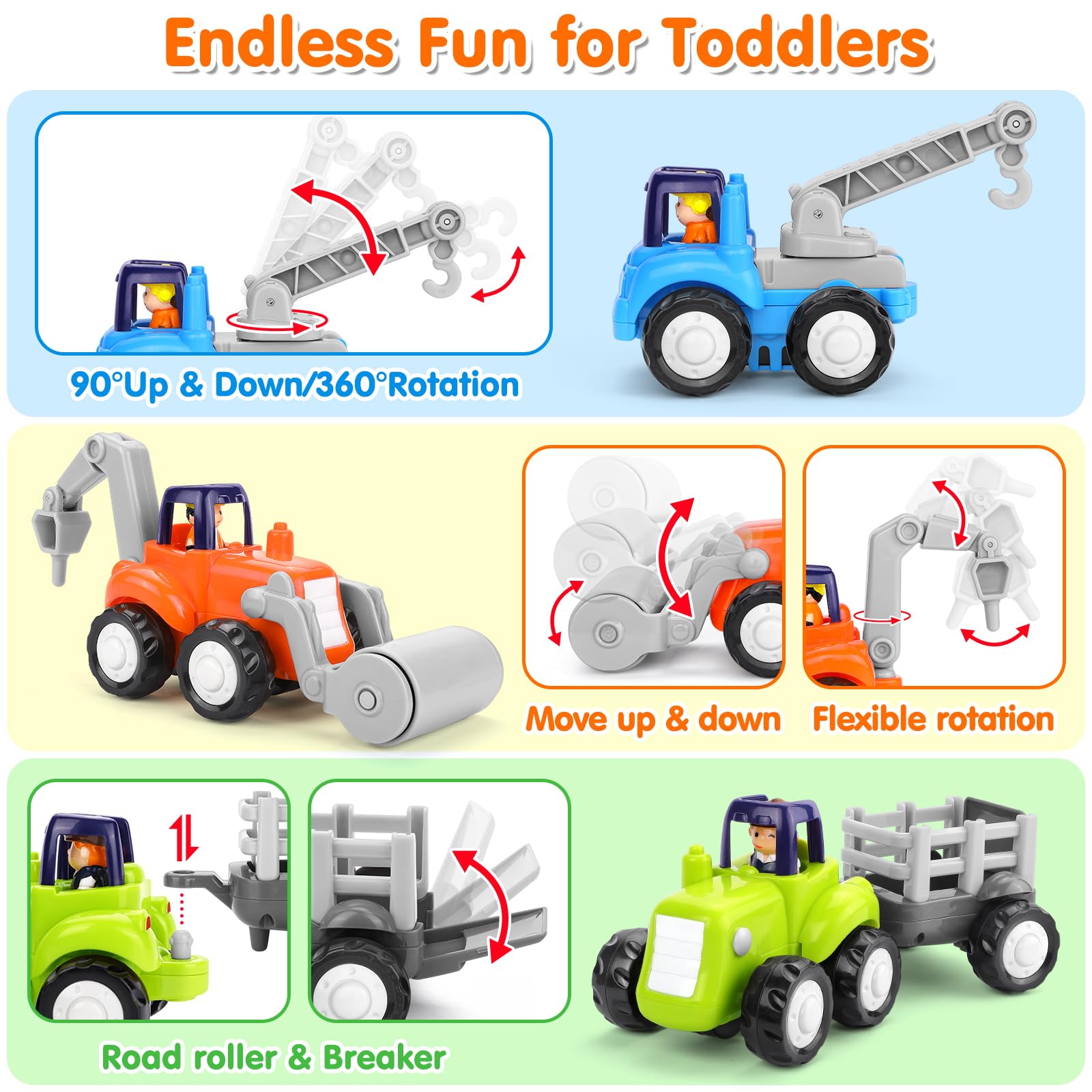 **Best Toy Cars for 1 Year Old Boys - 4PCS Inertia Push & Go Trucks, Construction Vehicles for Toddlers 12-18 Months | Early Learning Baby Toys & Gift Ideas for Birthdays & Playtime**