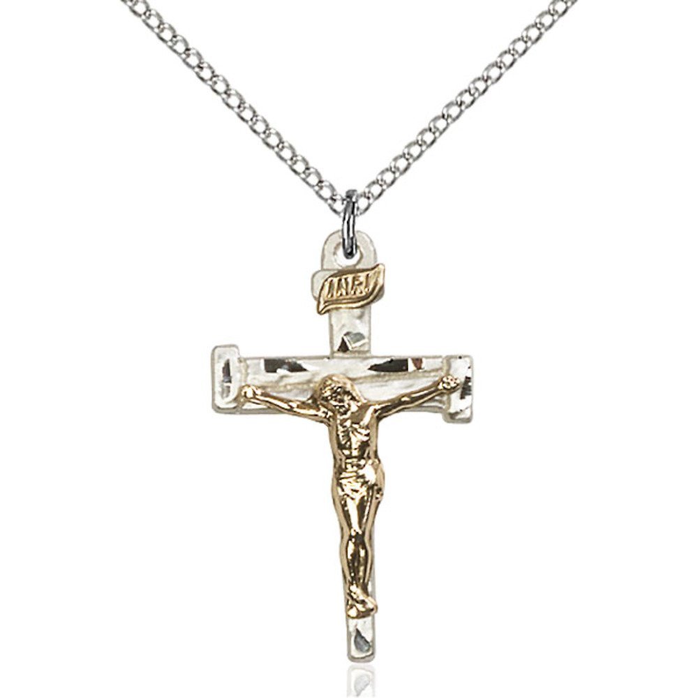 Bonyak Two-Tone Sterling Silver & Gold-Filled Cross Pendant Necklace - 1 1/8 x 5/8 Inch Nail Crucifix Charm with 18-22 Inch Adjustable Lite Curb Chain - Religious Jewelry Gift for Women & Men - Perfect for Church, Baptism & Everyday Wear