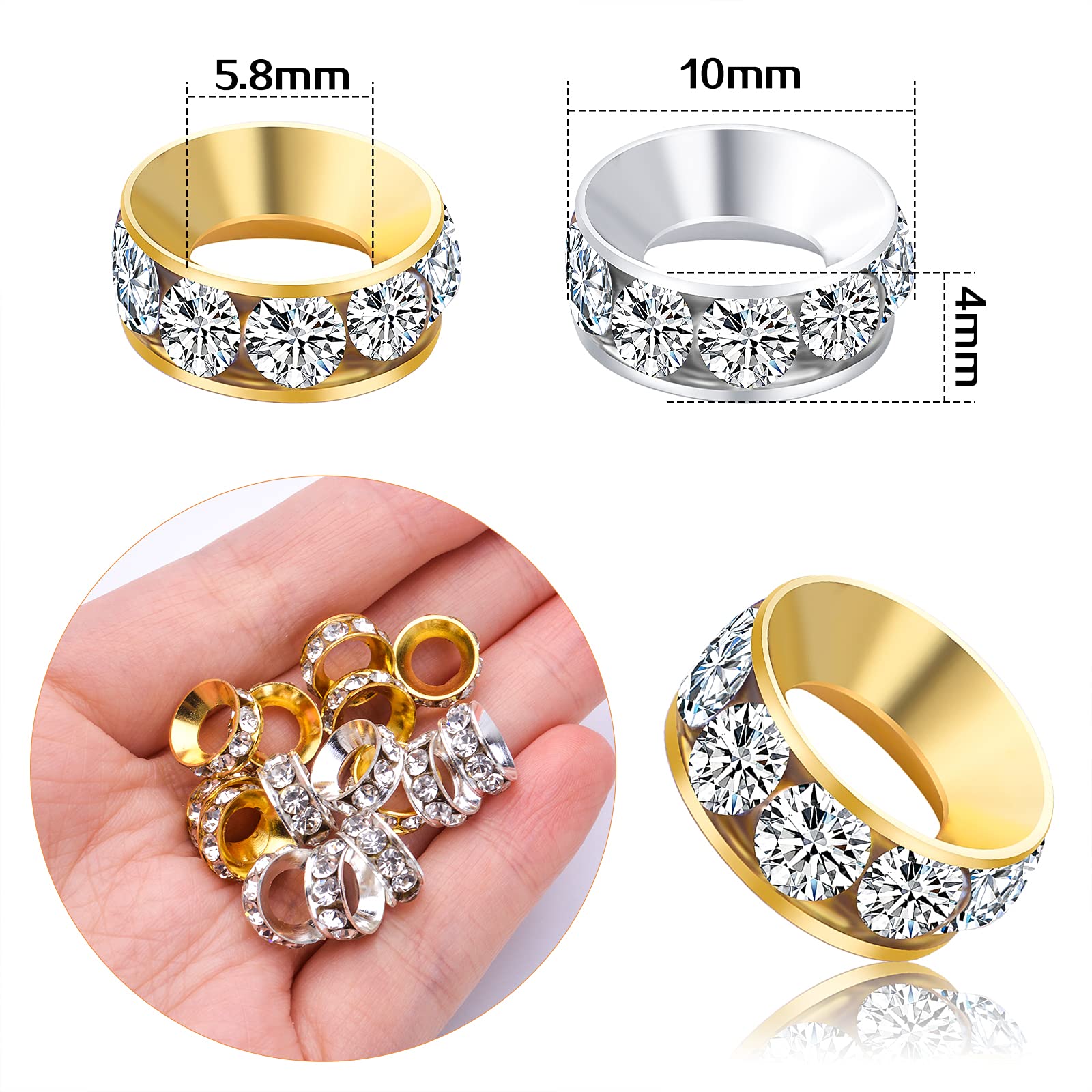 40pcs Crystal Rhinestone Spacer Beads - Rondelle Loose Beads with Large Holes for Jewelry Making, Necklaces, Bracelets & DIY Crafts (Golden & Silver) - Perfect for European Style Jewelry Designs & Gift Making