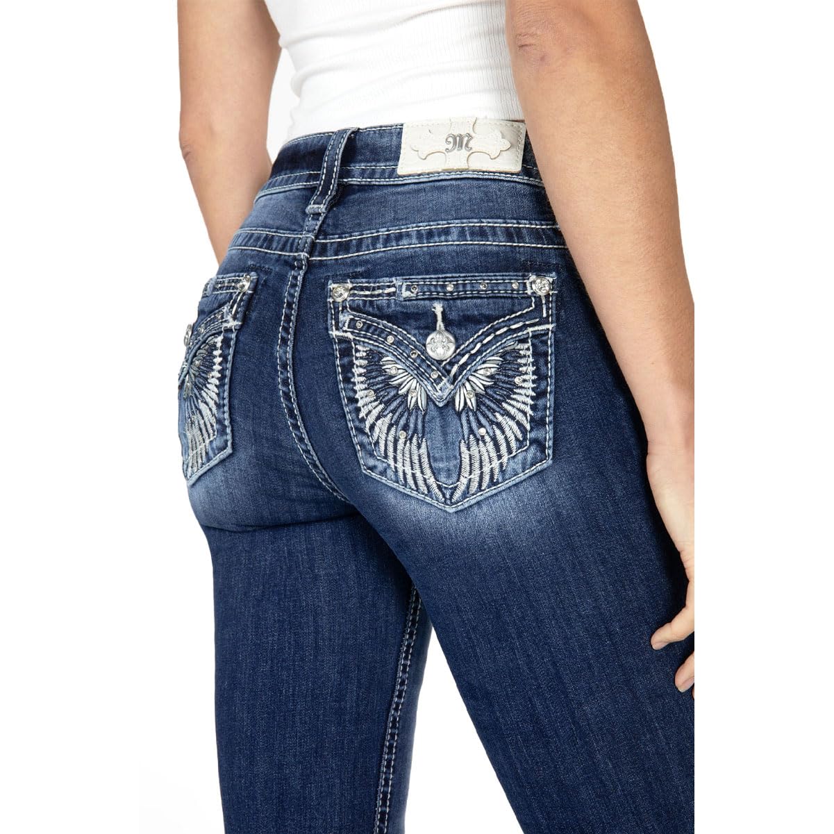 Miss Me Women's Mid-Rise Bootcut Jeans with 3D Embossed Angel Wings & Faux Flap Pockets - Stylish Denim Pants for Casual Wear, Night Out and Everyday Fashion