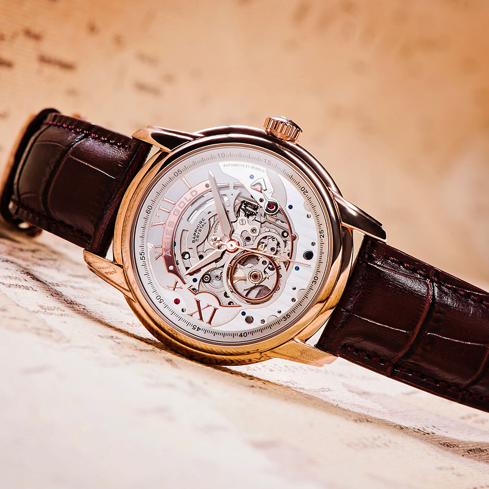 ARIES GOLD INFINUM EL TORO Rose Gold Men's Watch with Genuine Brown Leather Strap - Luxury Dress Watch for Business, Formal Occasions & Gifts