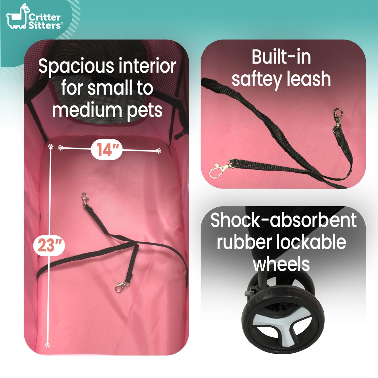 Critter Sitters 3-Wheel Jogging Dog Stroller - Lightweight Pet Stroller for Medium Dogs & Cats Up to 33lbs with Storage Basket & Cup Holders - Perfect for Running, Walking, Shopping & Outdoor Adventures (Pink)