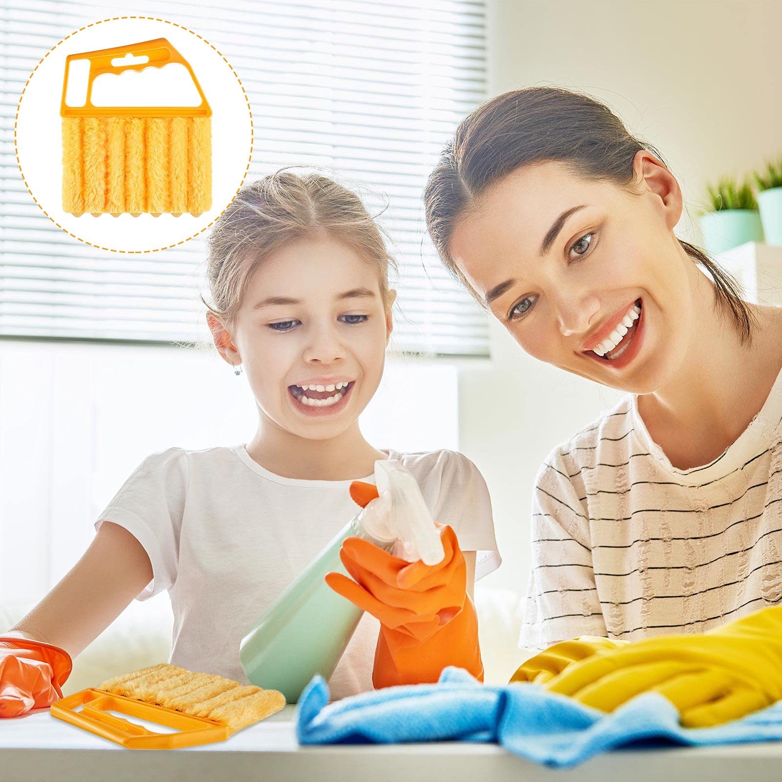 Geiserailie 2-Pack Washable 7-Finger Dusting Cleaner Tool for Window Blinds, Venetian Blinds & Air Conditioner - Mini Handheld Brush with Orange Handle - Removes Dust & Dirt from Wood Blinds, Furniture & Hard-to-Reach Areas