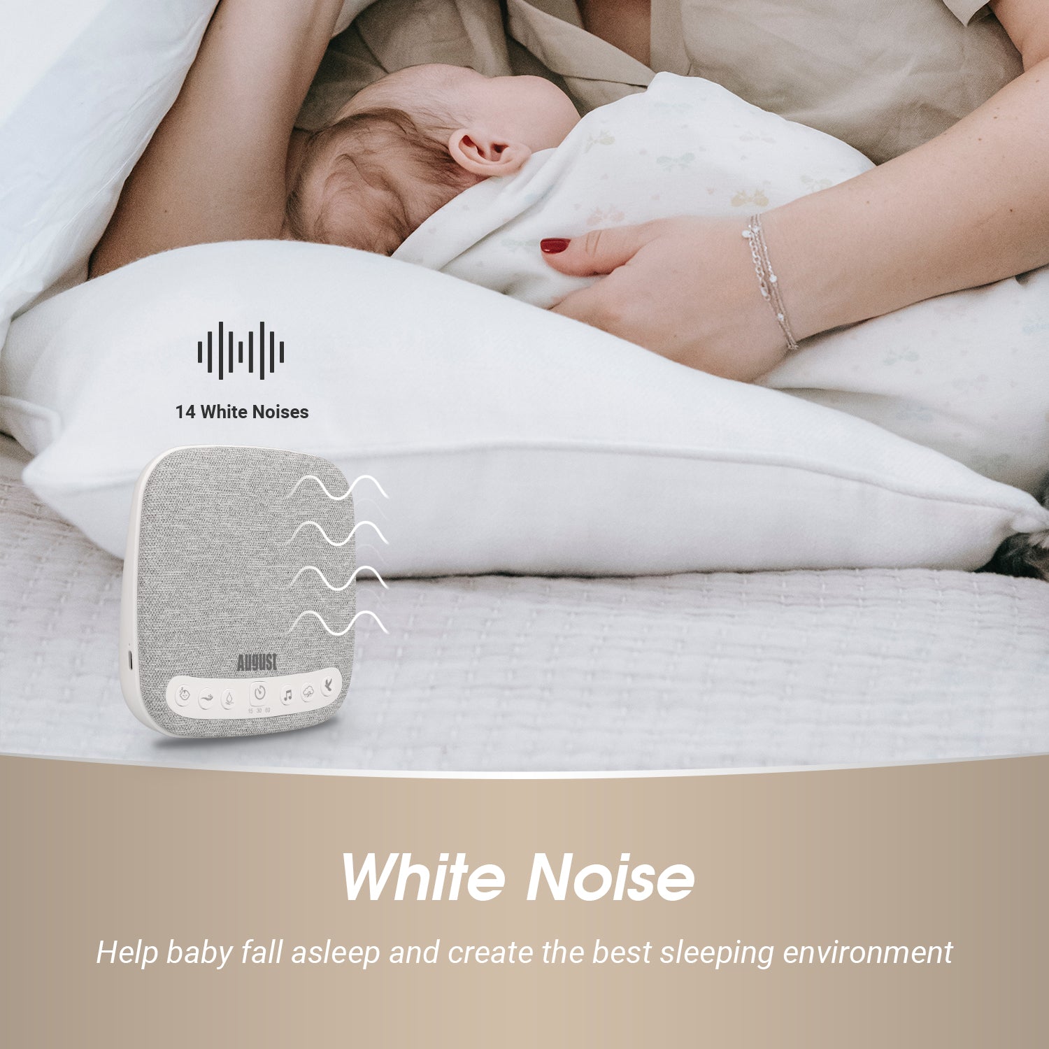 August SE160 White Noise Machine with 14 Soothing Sounds - 6 Relaxing Sound Genres for Baby Sleep, Meditation & Stress Relief | Portable Sound Therapy for Home, Office & Travel