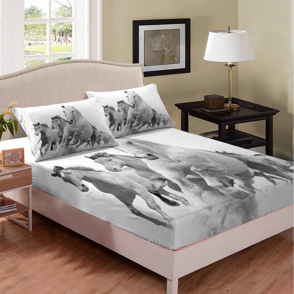 Premium 3-Piece Grey Running Horses Bedding Set - Full Size Strong Animal Print Bed Sheets with Deep Pockets, Chic Dust Cloud Design for Girls' Room Decor | Perfect for Teen Bedrooms, Dorm Essentials & Cozy Home Makeover