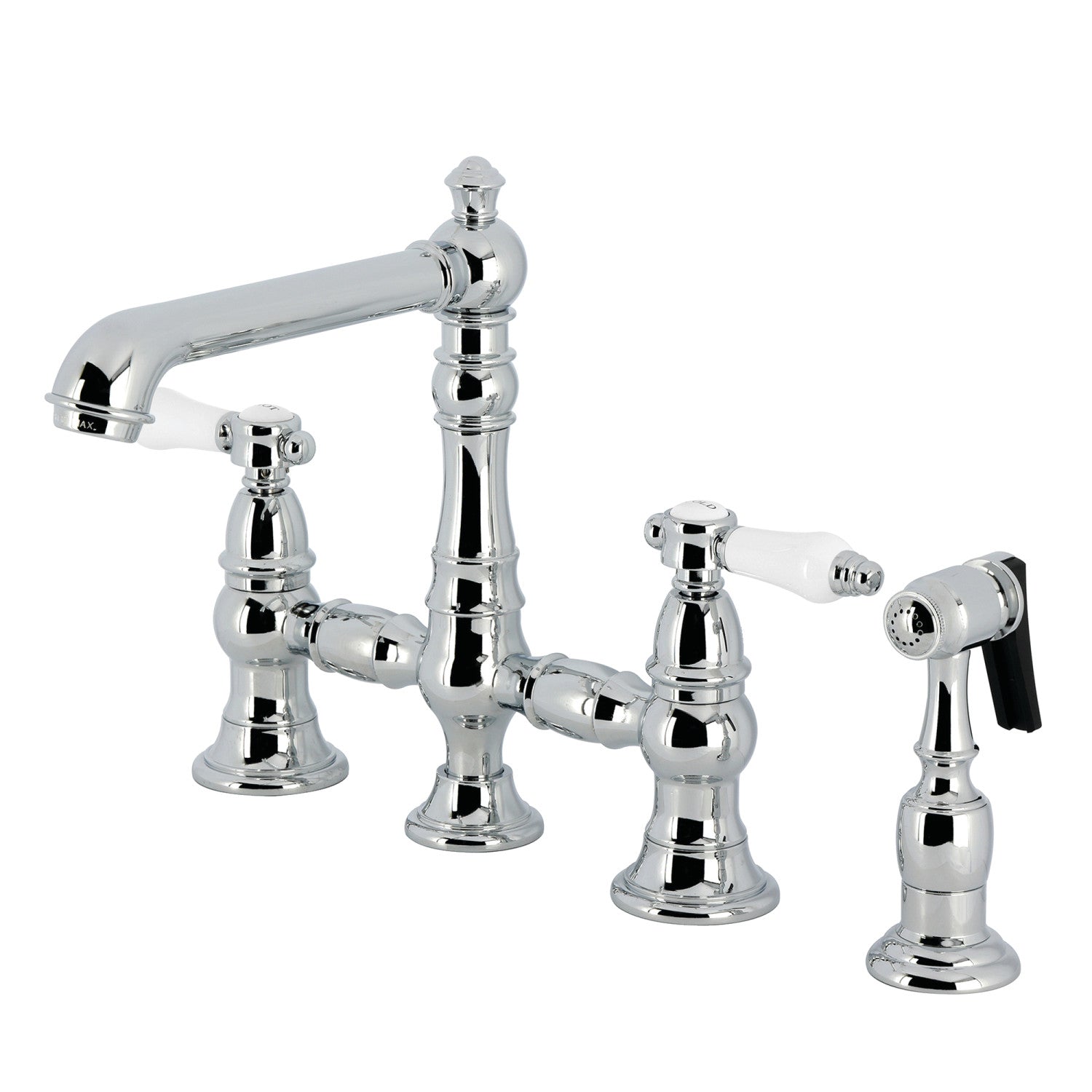 Bel Air KS7271BPLBS Two Handle 4 Hole Deck Mount Bridge Kitchen Faucet with Brass Side Sprayer, Polished Chrome - Durable Brass Construction for Modern Kitchens, Perfect for Washing Dishes and Food Prep