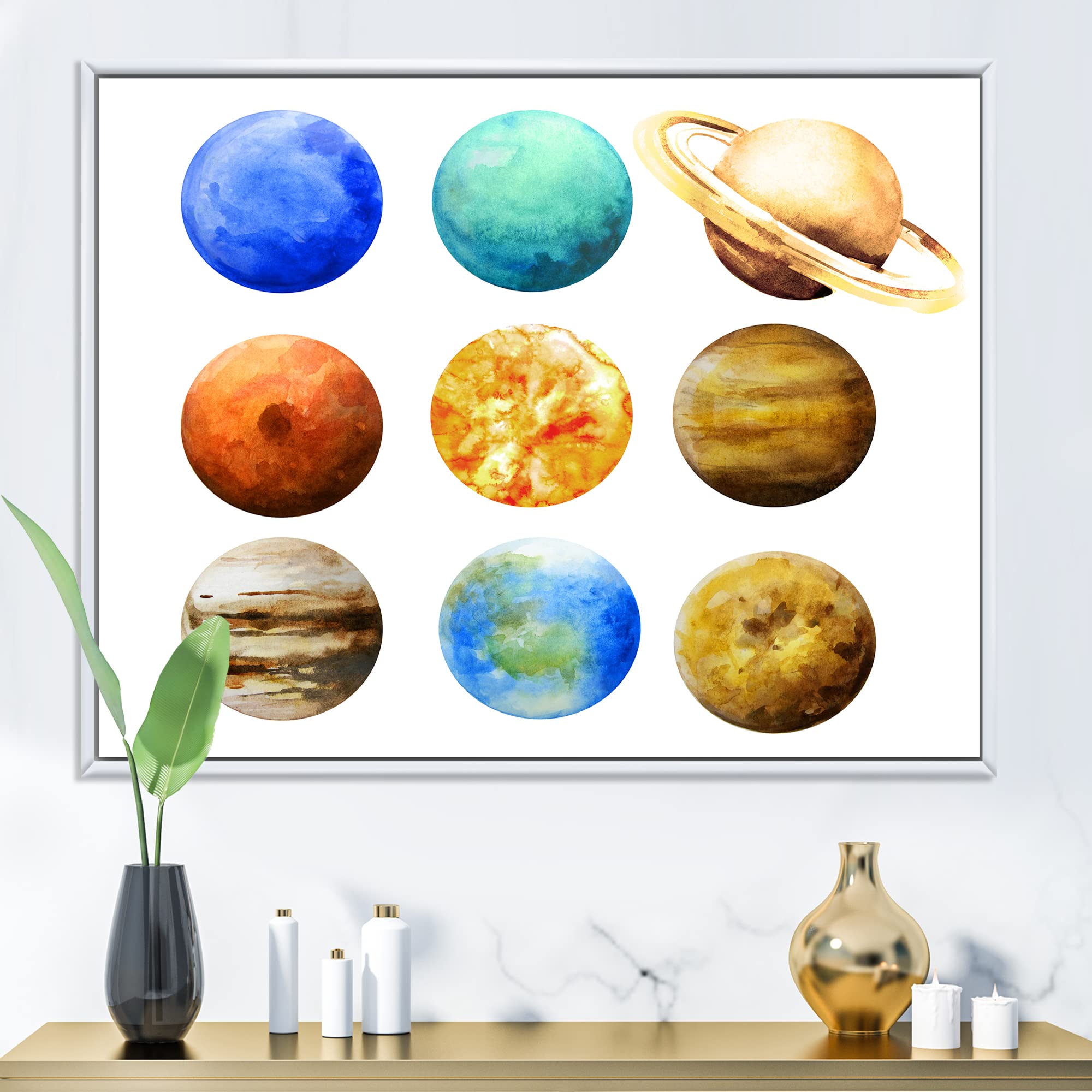 DesignQ Various Planets in Orbit - Modern Framed Canvas Wall Art Print for Living Room, Bedroom & Office Decor | Space-Themed Home Decoration