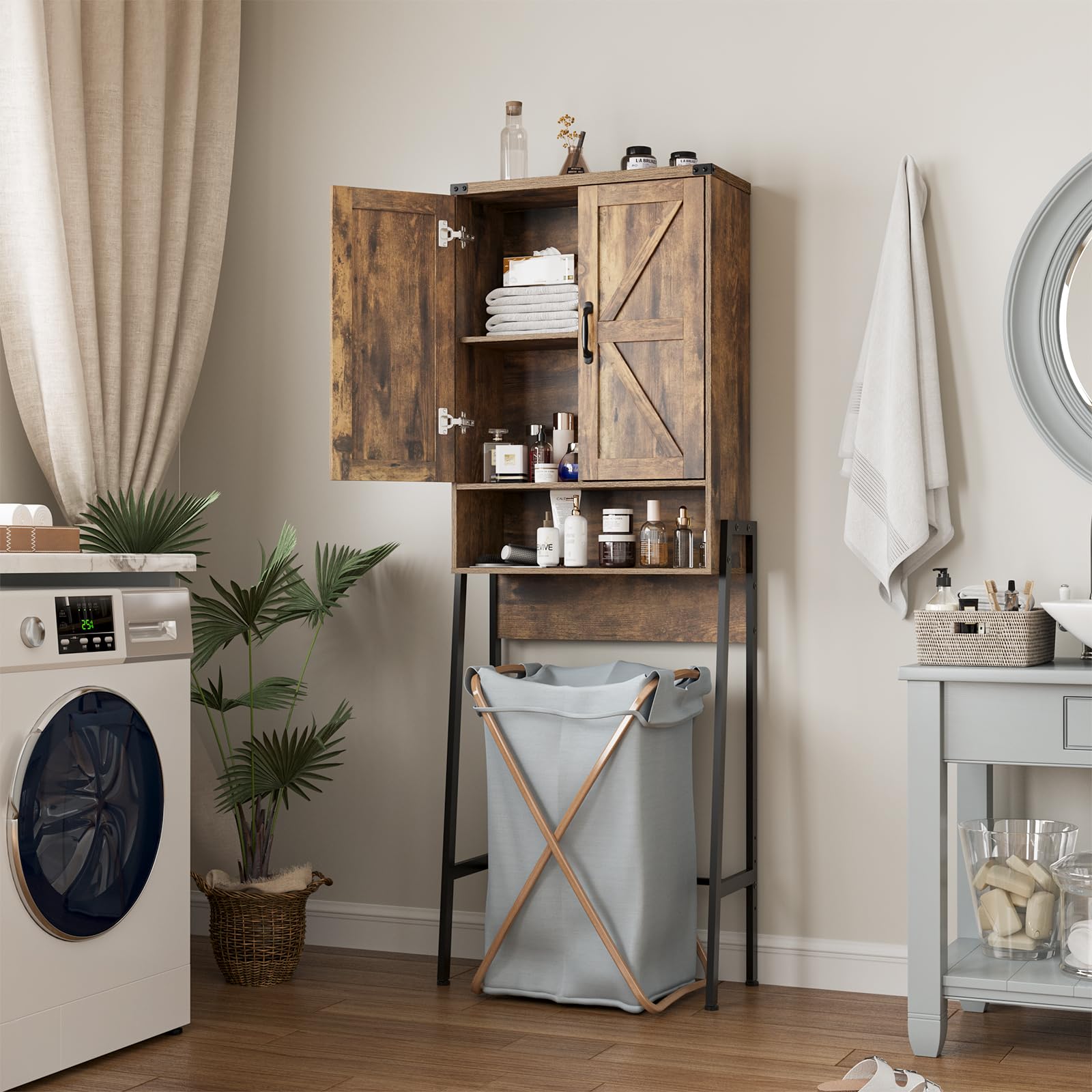 2-Door Over The Toilet Storage Cabinet with Shelves - Bathroom Organizer with Anti-Tip Device for Bathroom, Restroom & Laundry - Brown - Perfect for Small Space Organization and Extra Storage