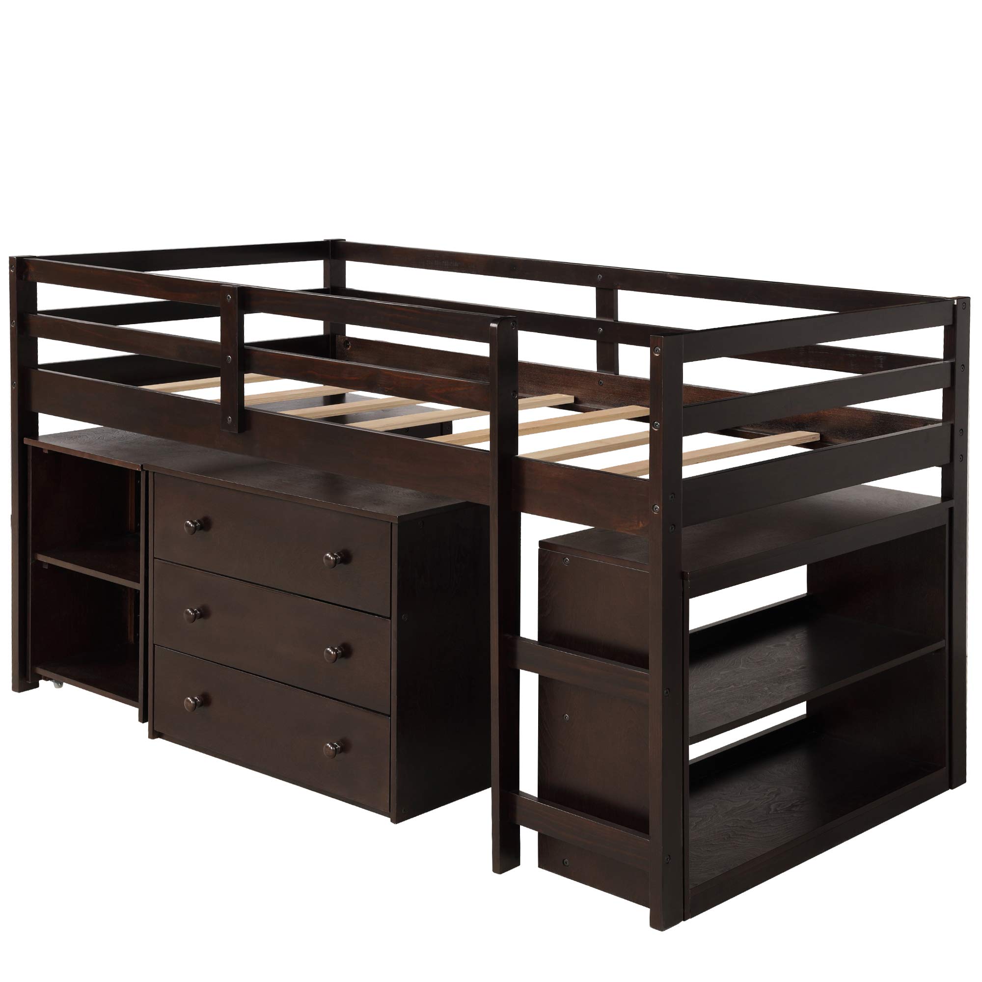 KLMM Kids Loft Bed with Rolling Desk, Storage Shelf, Guard Rail & Drawers - Twin Size Space-Saving Bed for Small Bedroom, Dorm or Apartment (Espresso Finish) - Perfect for Study, Sleep & Organization in Compact Spaces