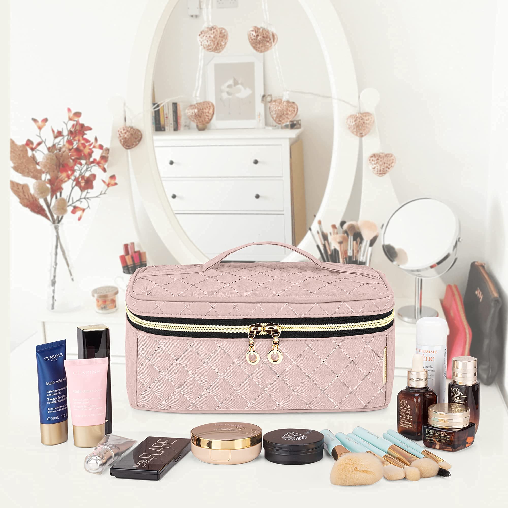 Teamoy Travel Makeup Brush Case – Portable Cosmetic Organizer Bag with Handle for Makeup Brushes (Up to 9 Inch) & Beauty Essentials, Medium Size, Misty Rose (Bag Only) – Perfect for Travel, Home Storage & Professional Makeup Artists