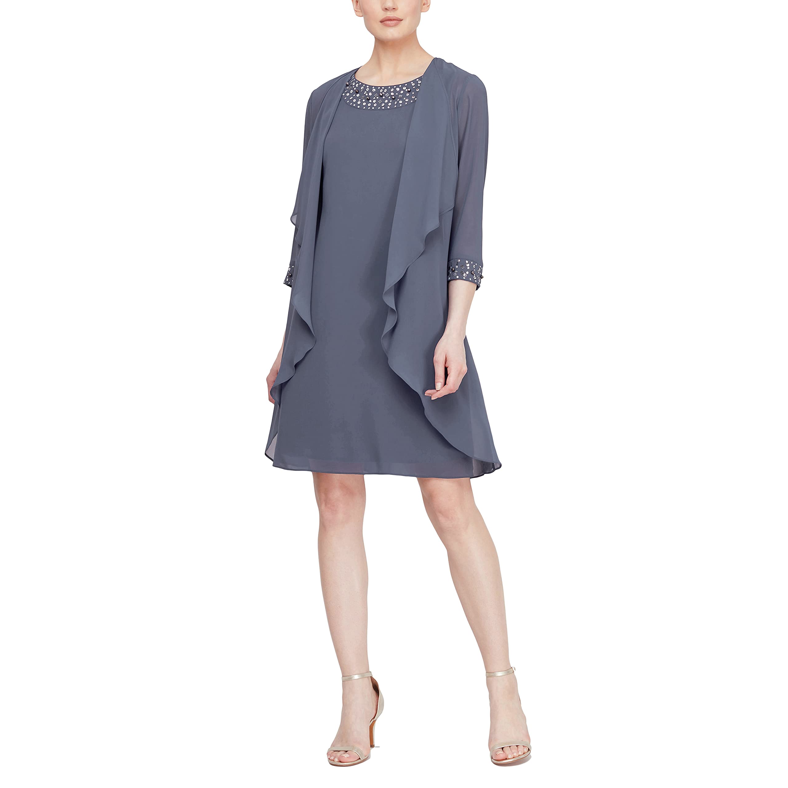 Elegant Women's Chiffon Tiered Jacket Dress with Beaded Neckline & Cuffs | Flowy Summer Dress for Weddings, Parties & Special Occasions