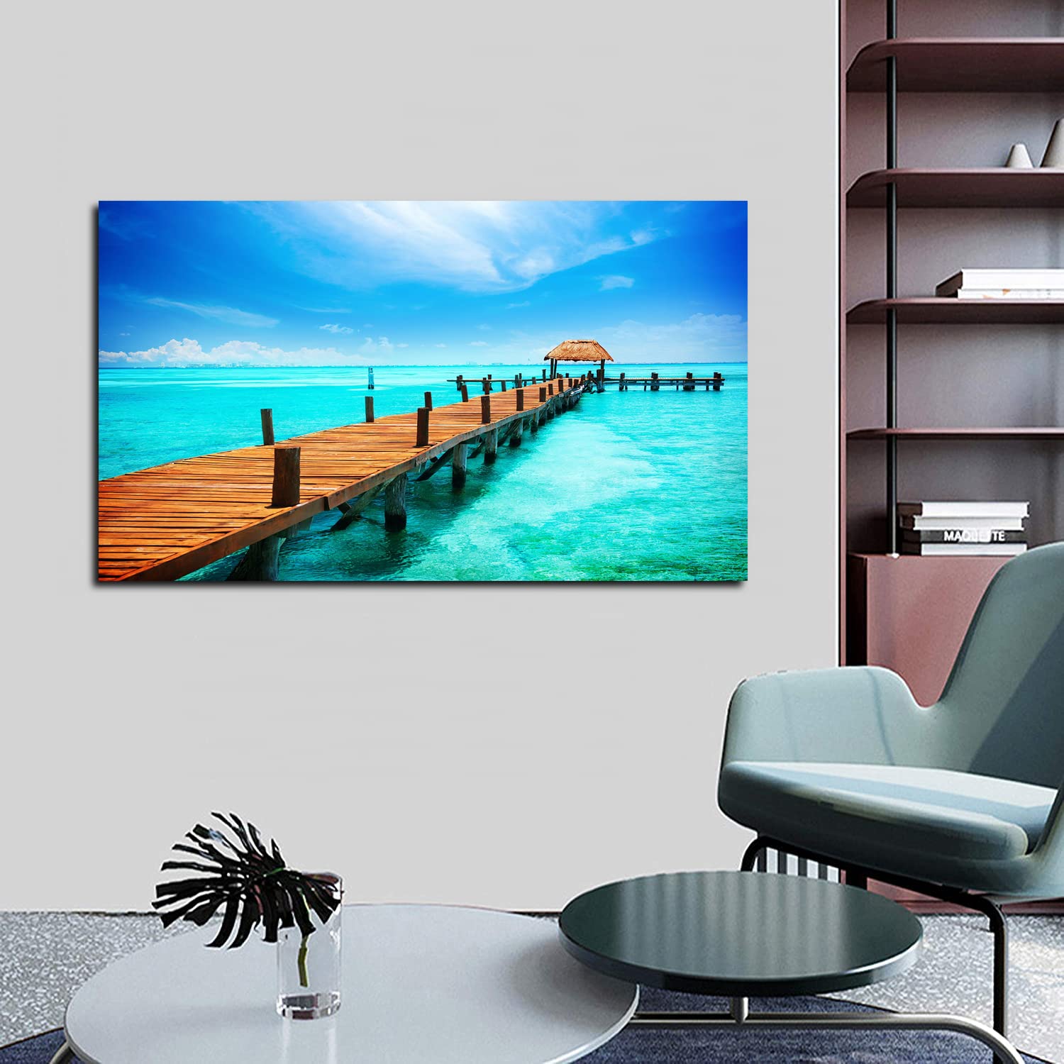 Beach Boardwalk Canvas Art - Sunset Ocean Landscape Framed Painting Wall Decor for Home, Office, Bedroom - Ready to Hang - Perfect for Coastal Living Rooms, Beach House Decor & Vacation Home Style