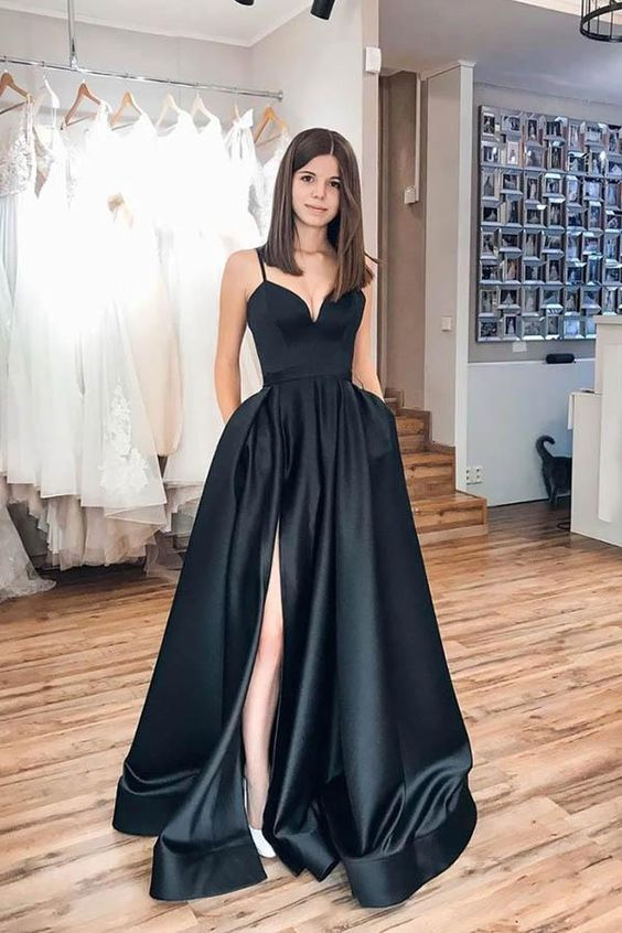 Elegant Black Spaghetti Strap Satin Long Prom Dress for Evening Gala | Formal Gown for Homecoming, Wedding Guest & Special Occasions