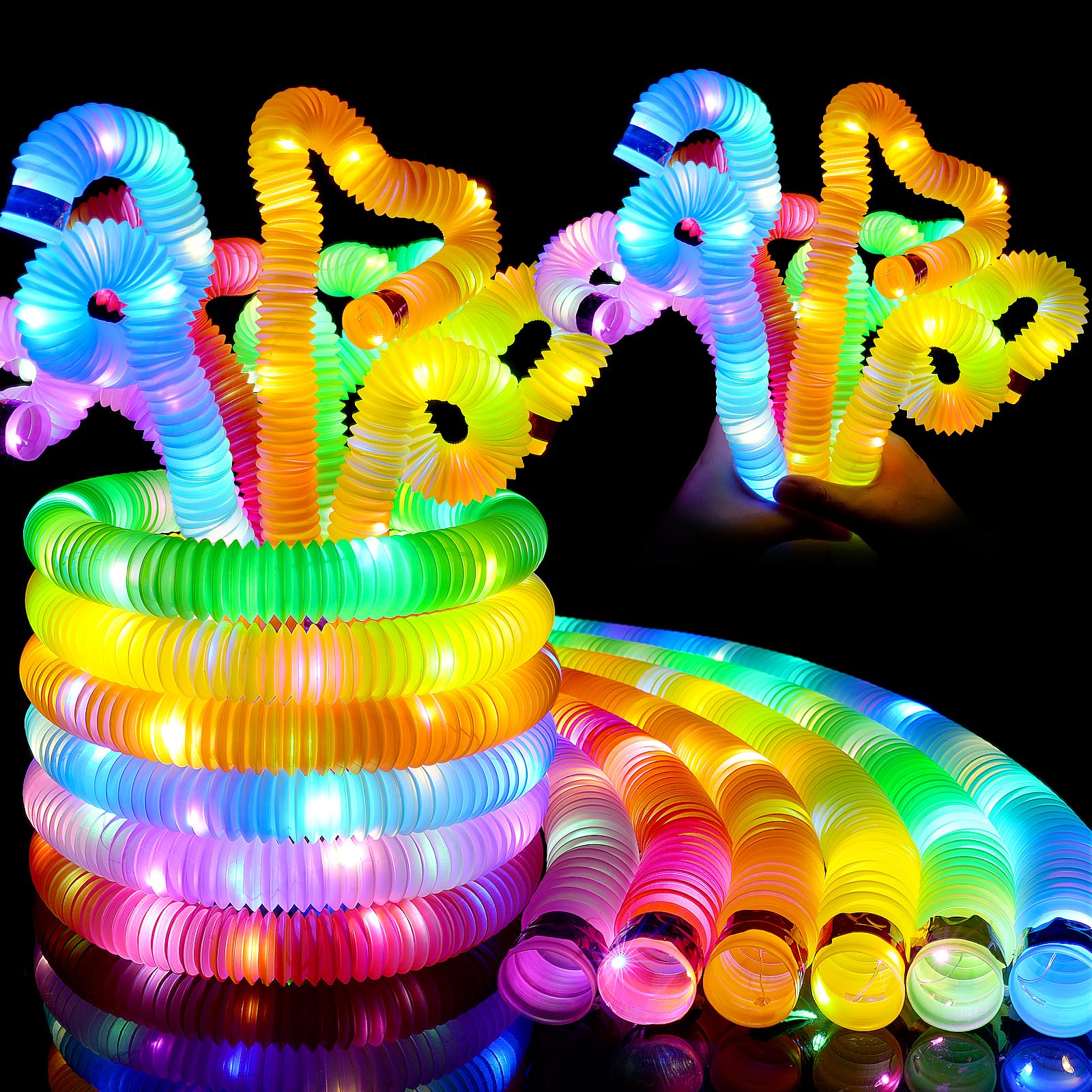 Ainiv LED Light Up Pop Tubes Fidget Toys for Kids - 6 Pack Glow in The Dark Sensory Toys, Party Favors, Stocking Stuffers, Return Gifts, Prizes for Toddlers, Stress Relief and Classroom Activities