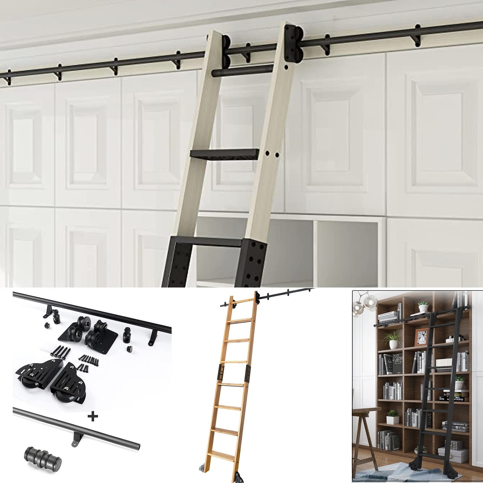 ZXFDM 3.3ft-20ft Black Round Tube Sliding Library Ladder Hardware System - Mobile Rolling Track Kit with Floor Rollers & Extension Rail (10ft/300cm) - Perfect for Home Libraries, Bookstores & Warehouse Access