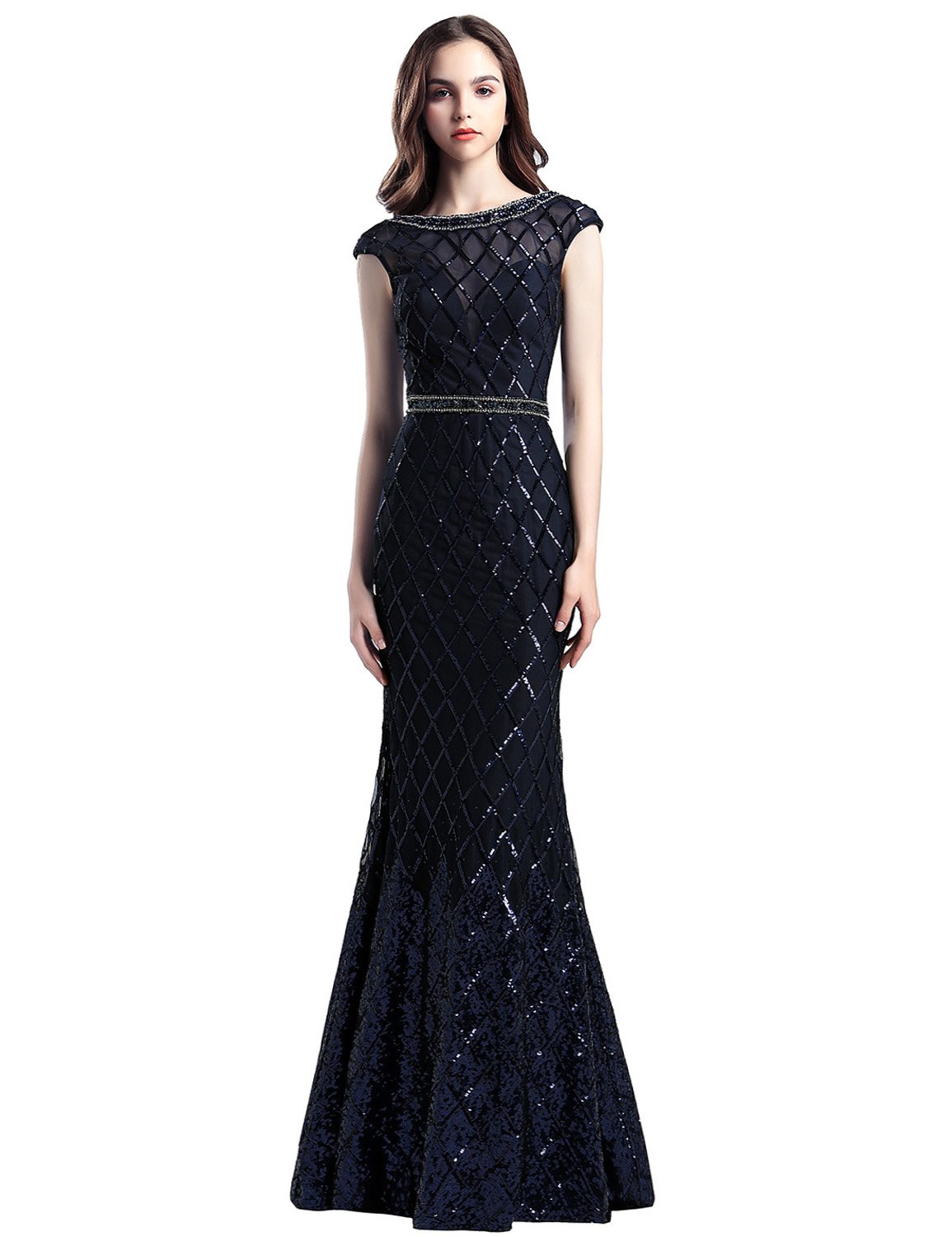 Belle House Women's Navy Blue Long Evening Dress - Backless Mermaid Gown with Sequins for Prom, Party & Formal Events | Elegant Crew Neck Celebrity Style for Weddings, Galas & Special Occasions