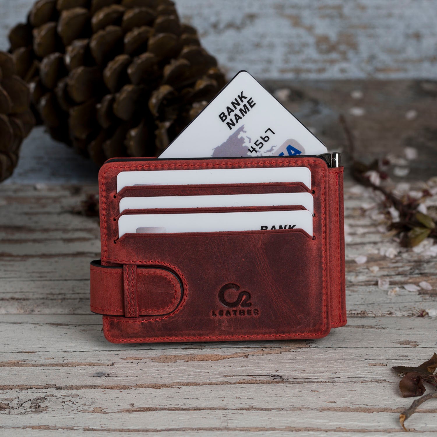 Genuine Full Grain Leather Bifold Wallet for Men - Red Two-Sided Design - Perfect for Everyday Use & Gift Giving