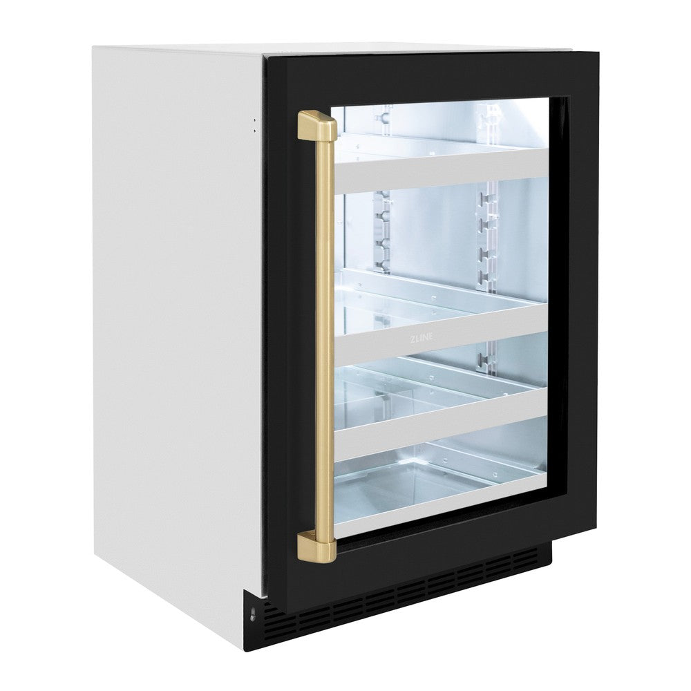 ZLINE Autograph Edition 24 Inch Touchstone 151 Can Beverage Refrigerator - Black Matte Glass Door with Champagne Bronze Handle - Compact Wine Cooler for Home Bar, Office, or Kitchen (RBSOZ BLM 24 CB)